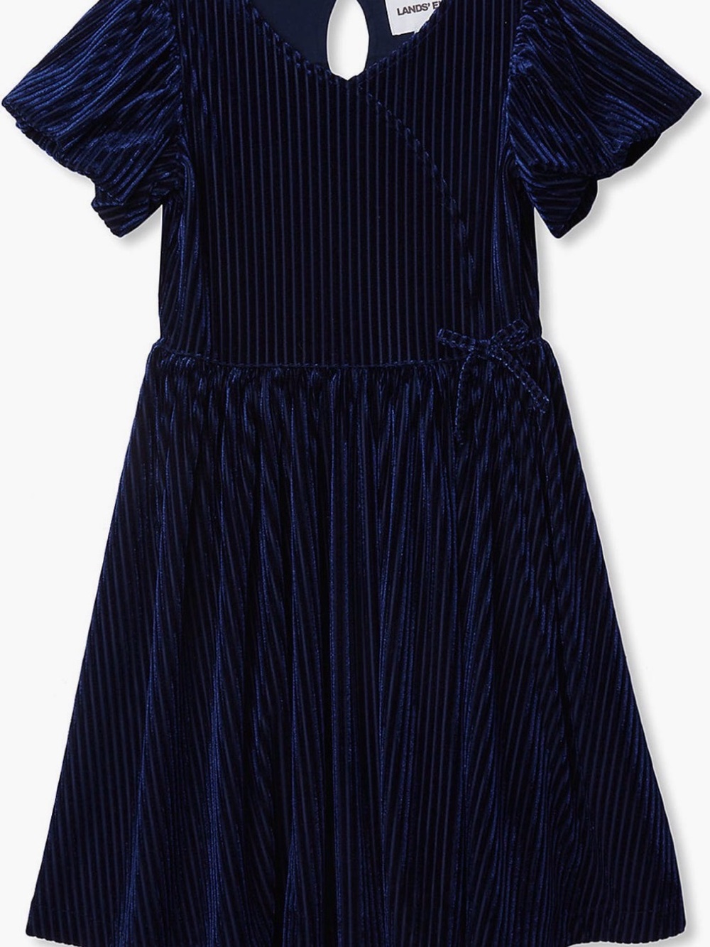 Lands' End Navy Ribbed Velvet Flutter-Sleeve Fit-and-Flare Dress
